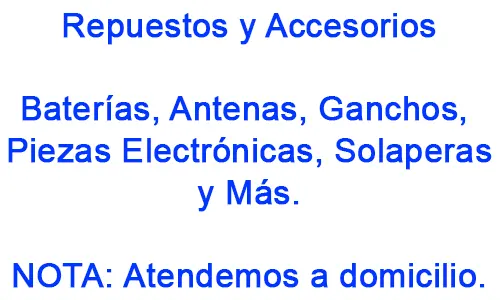 Baterías, antenas, ganchos, piezas electrónicas, solaperas para Walkie Talkies